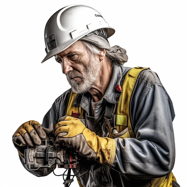 Un hombre con casco y casco está trabajando en un dispositivo.