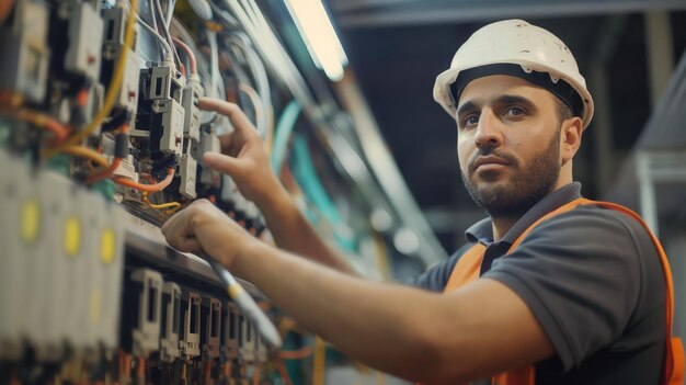 Un hombre con un casco y un chaleco de seguridad está trabajando en una máquina