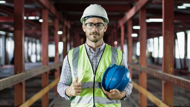 Foto un hombre con un casco duro y un casco fuerte está sosteniendo un casco azul duro