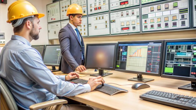 un hombre con un casco duro está frente a un monitor de computadora