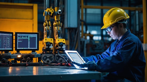 un hombre con un casco duro está trabajando en una computadora