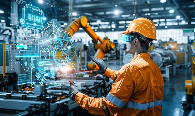 un hombre con un casco duro está trabajando en un robot