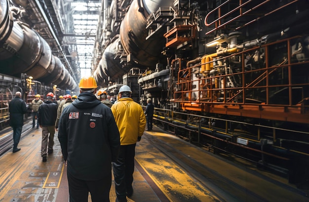 Un hombre con un casco duro trabaja en una gran refinería de petróleo