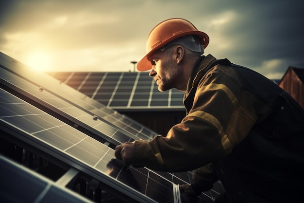 un hombre con un casco duro trabajando en paneles solares