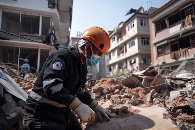 Un hombre con casco y equipo de protección trabajando en una IA generativa de construcción