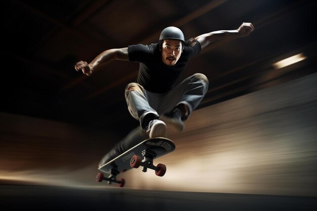 un hombre con un casco está montando una patineta