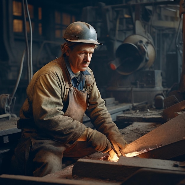 Un hombre con casco está trabajando en una pieza de metal en un taller.