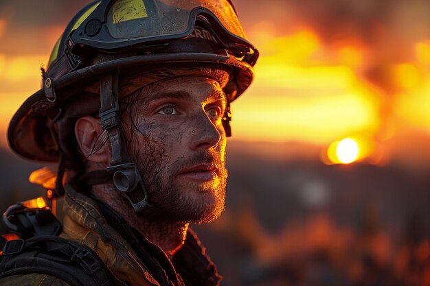 Un hombre con un casco de firemans mira a la distancia el día internacional de los bomberos