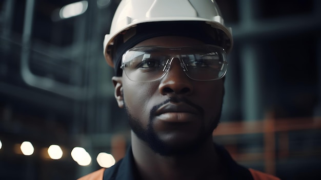 Un hombre con casco y gafas se para en una fábrica.