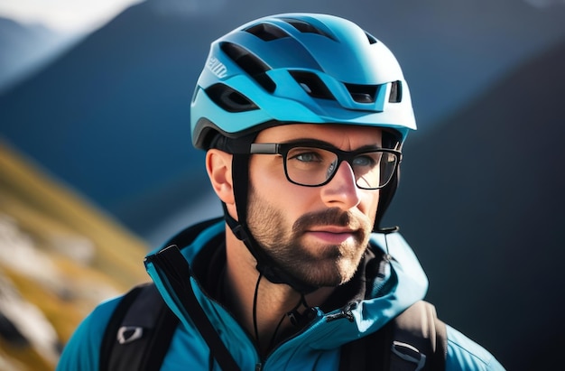 Foto hombre con casco y gafas de pie con confianza ante el entorno montañoso listo para la aventura y la exploración él puede estar preparándose para un paseo en bicicleta o alguna otra actividad al aire libre