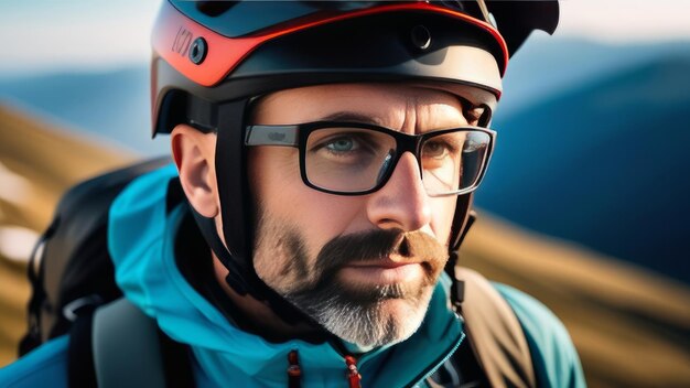 Foto hombre con casco y gafas de pie con confianza ante el entorno montañoso listo para la aventura y la exploración él puede estar preparándose para un paseo en bicicleta o alguna otra actividad al aire libre