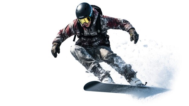 un hombre con casco y gafas practica snowboard.