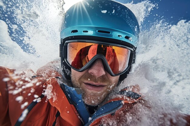 Foto un hombre con casco y gafas de protección está retratado en la nieve perfecto para los entusiastas de los deportes de invierno y los aventureros al aire libre