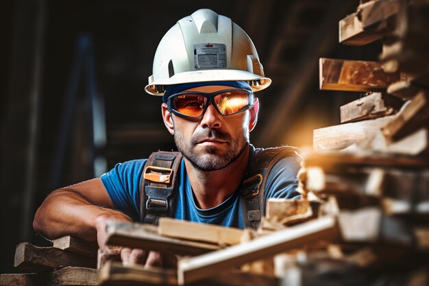 Un hombre con un casco y gafas de seguridad está trabajando junto a una pila de madera