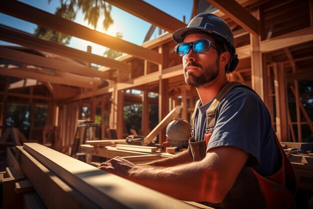 Un hombre con un casco y gafas de seguridad trabajando en el marco de una casa