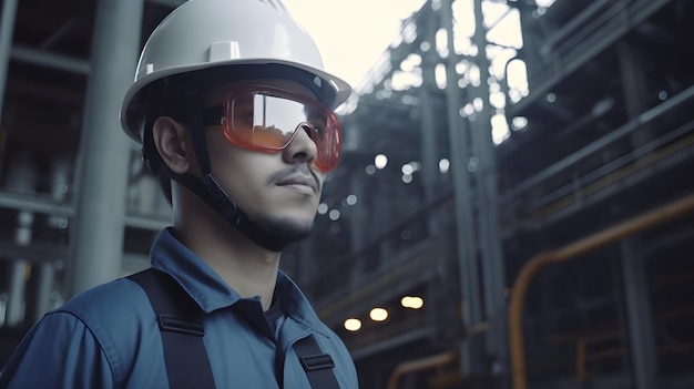 Un hombre con casco y gafas de sol se para frente al edificio de una fábrica.