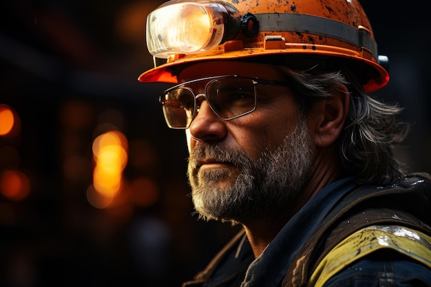 Un hombre con un casco y gafas Trabajador de la construcción con casco de seguridad y gafas de seguridad