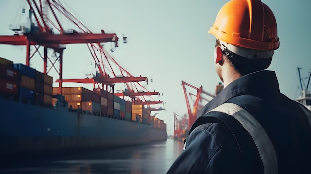 Un hombre con casco mira un barco de contenedores en el puerto.