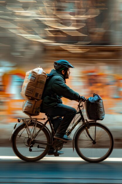 Foto un hombre con un casco montando una bicicleta con una caja en la espalda