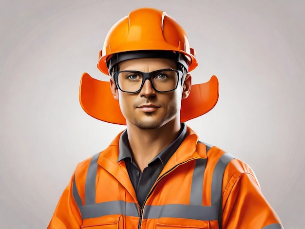 un hombre con un casco naranja y gafas está usando un chaleco naranja