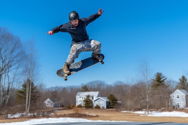 Foto un hombre con un casco negro está saltando una patineta en el aire