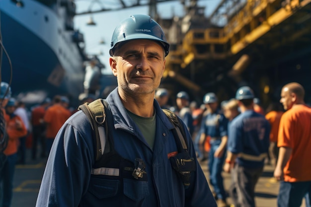 Un hombre con casco de pie frente a un barco en una fábrica de reparación naval Grupo de trabajadores