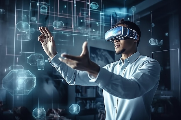 hombre con casco de realidad virtual apuntando con la mano a la realidad aumentada holográfica