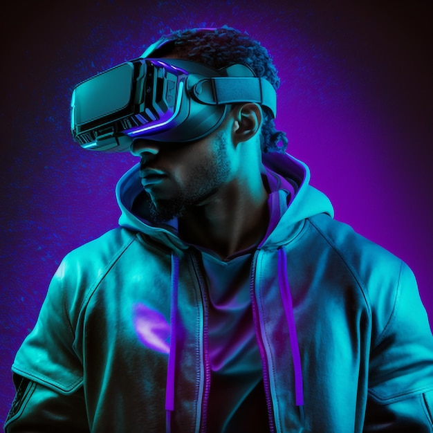 Un hombre con un casco de realidad virtual azul neón.