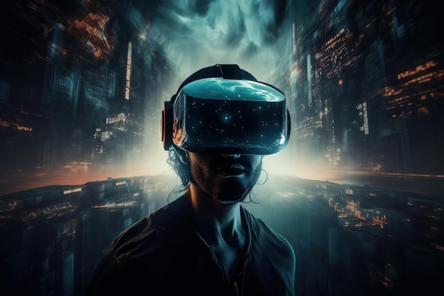 Un hombre con un casco de realidad virtual en una ciudad por la noche IA generativa