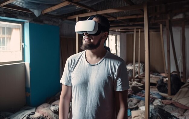 Un hombre con un casco de realidad virtual se encuentra en una habitación con una pared azul.