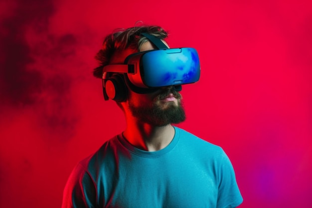 Un hombre con un casco de realidad virtual frente a un fondo rojo.