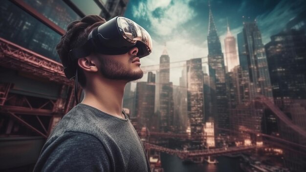 Un hombre con un casco de realidad virtual se para frente a un paisaje urbano.