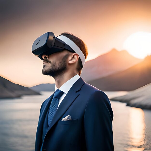 Un hombre con un casco de realidad virtual mira la puesta de sol.