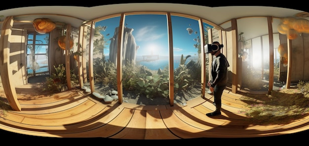 Foto un hombre con casco de realidad virtual mira por la ventana.