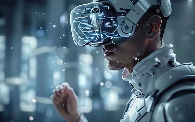 un hombre con un casco de realidad virtual con las palabras virtual en la pantalla
