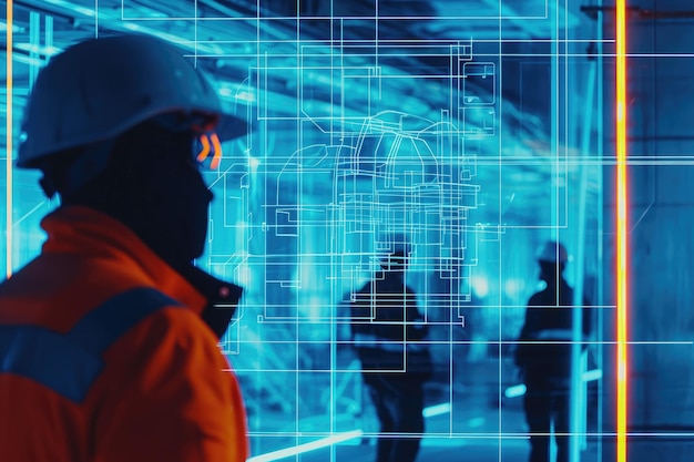 Un hombre con un casco de seguridad inspecciona cuidadosamente una pantalla de computadora mientras está en un sitio de construcción Devoción de los ingenieros en un proyecto de construcción futurista cubierto con planos generados por IA