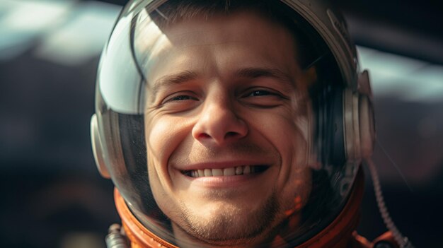 Foto un hombre con un casco y sonriendo generativo ai