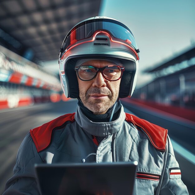 Foto un hombre con un casco y una tableta en la mano