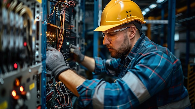 Hombre con casco trabajando en la caja eléctrica