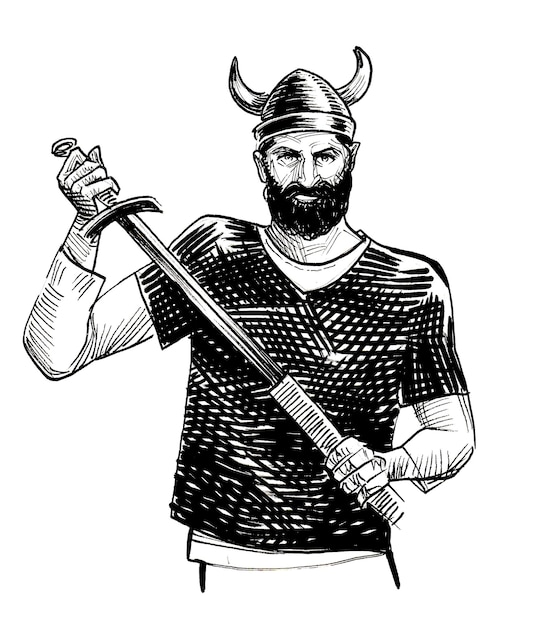 Foto un hombre con casco vikingo y espada.