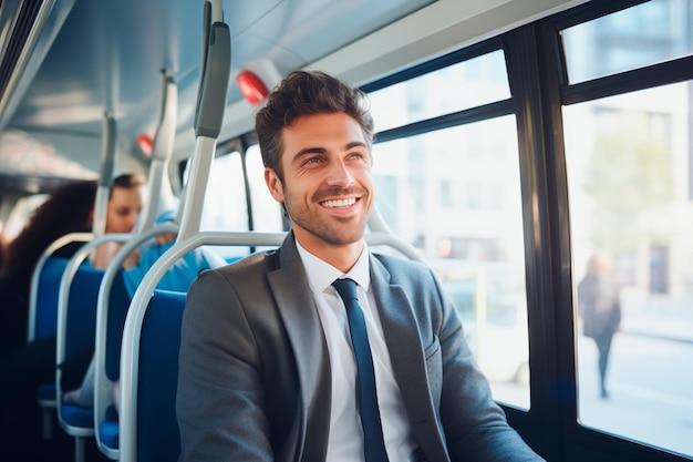 Foto hombre casual sonriendo sentado en un autobús público viajando