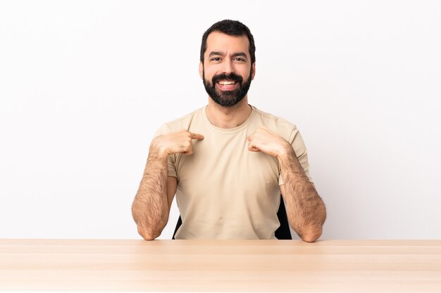 Hombre caucásico con barba en una mesa con expresión facial sorpresa.