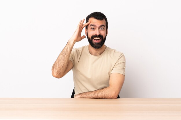 Hombre caucásico con barba en una mesa se ha dado cuenta de algo y tiene la intención de la solución