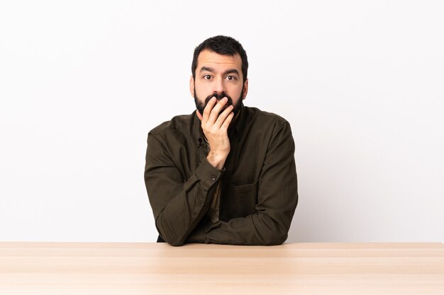 Hombre caucásico con barba en una mesa sorprendido y conmocionado mientras mira a la derecha.