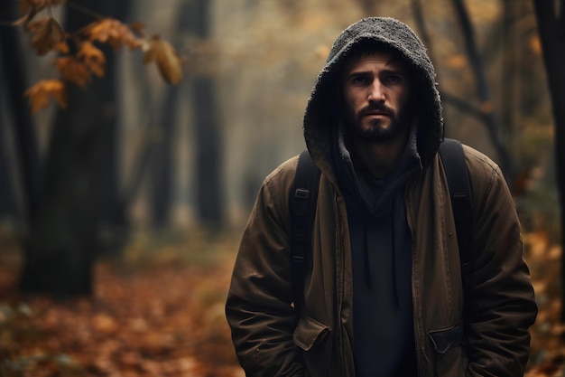 Hombre caucásico en el bosque en el día de otoño la red neuronal generó imágenes fotorrealistas