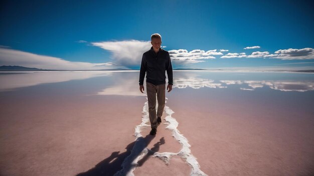 Hombre caucásico camina en el salar de Uyuni