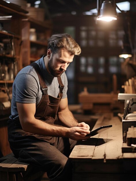 hombre caucásico fabricante de cuchillos teléfono inteligente y portátil en el taller