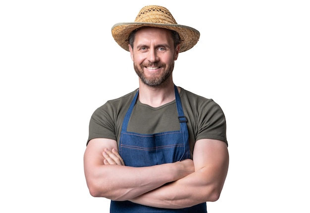 Hombre caucásico feliz con sombrero y delantal aislado sobre fondo blanco