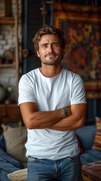 Hombre caucásico en el fondo de un loft moderno colorido sala de estar de la casa