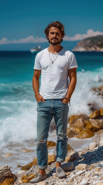 Hombre caucásico en el fondo de la playa de arena del mar